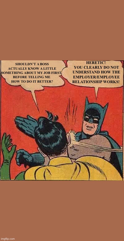 Batman Slapping Robin | SHOULDN’T A BOSS ACTUALLY KNOW A LITTLE SOMETHING ABOUT MY JOB FIRST, 
BEFORE TELLING ME 
HOW TO DO IT BETTER? HERETIC! 
YOU CLEARLY DO NOT UNDERSTAND HOW THE EMPLOYER/EMPLOYEE RELATIONSHIP WORKS! | image tagged in memes,batman slapping robin | made w/ Imgflip meme maker