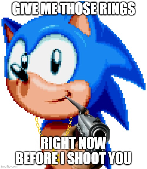gangsta sonic | GIVE ME THOSE RINGS; RIGHT NOW BEFORE I SHOOT YOU | image tagged in sonic with a gun | made w/ Imgflip meme maker