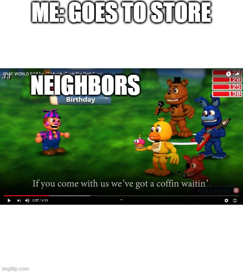 ME: GOES TO STORE; NEIGHBORS | image tagged in fnaf world,memes | made w/ Imgflip meme maker