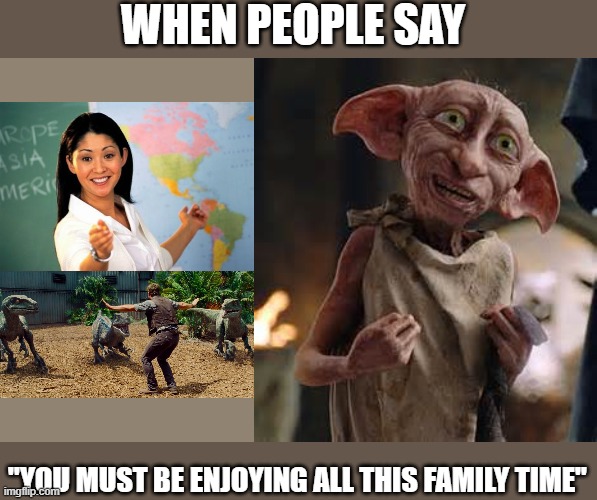 family time | WHEN PEOPLE SAY; "YOU MUST BE ENJOYING ALL THIS FAMILY TIME" | image tagged in memes,unhelpful high school teacher,dobby,jurassic park raptor | made w/ Imgflip meme maker