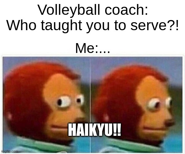 Monkey Puppet | Volleyball coach: Who taught you to serve?! Me:... HAIKYU!! | image tagged in memes,monkey puppet | made w/ Imgflip meme maker