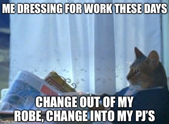 I Should Buy A Boat Cat | ME DRESSING FOR WORK THESE DAYS; CHANGE OUT OF MY ROBE, CHANGE INTO MY PJ’S | image tagged in memes,i should buy a boat cat,coronavirus,covid-19,pajamas,adult humor | made w/ Imgflip meme maker