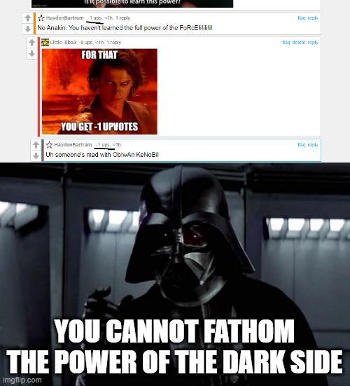 YOU CANNOT FATHOM THE POWER OF THE DARK SIDE | image tagged in darth vader | made w/ Imgflip meme maker