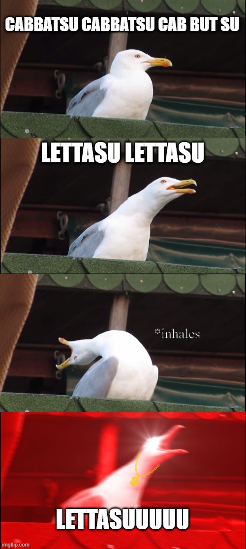 LETTASU | CABBATSU CABBATSU CAB BUT SU; LETTASU LETTASU; *inhales; LETTASUUUUU | image tagged in memes,inhaling seagull | made w/ Imgflip meme maker