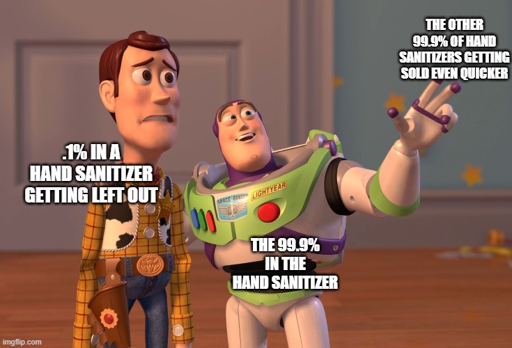 X, X Everywhere Meme | THE OTHER 99.9% OF HAND SANITIZERS GETTING SOLD EVEN QUICKER; .1% IN A HAND SANITIZER GETTING LEFT OUT; THE 99.9% IN THE HAND SANITIZER | image tagged in memes,x x everywhere | made w/ Imgflip meme maker