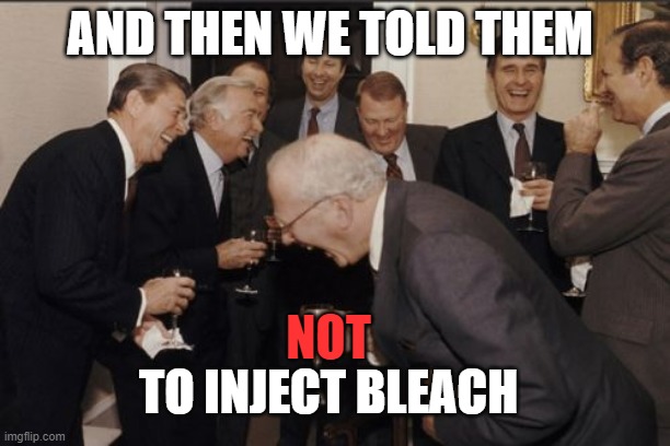 Laughing Men In Suits Meme | AND THEN WE TOLD THEM; NOT; TO INJECT BLEACH | image tagged in memes,laughing men in suits,covid-19,bleach | made w/ Imgflip meme maker