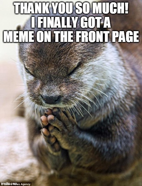 All my gratitude to the people that take the time to upvote and comment my memes and thank you the entire Middle School stream | THANK YOU SO MUCH! I FINALLY GOT A MEME ON THE FRONT PAGE | image tagged in thank you lord otter | made w/ Imgflip meme maker
