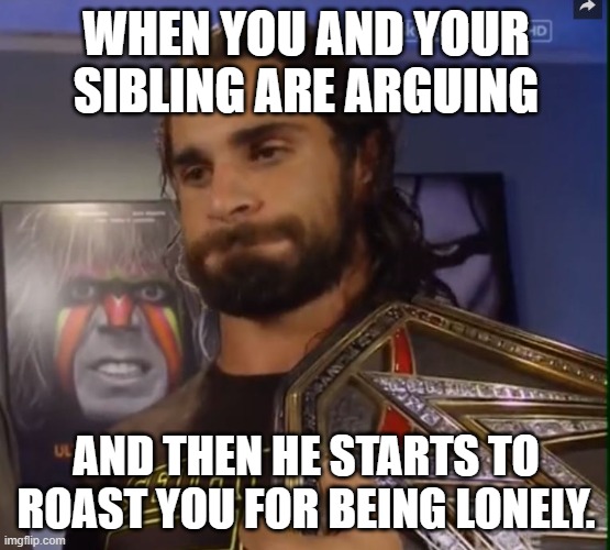 arguement | WHEN YOU AND YOUR SIBLING ARE ARGUING; AND THEN HE STARTS TO ROAST YOU FOR BEING LONELY. | image tagged in seth rollins wwe | made w/ Imgflip meme maker