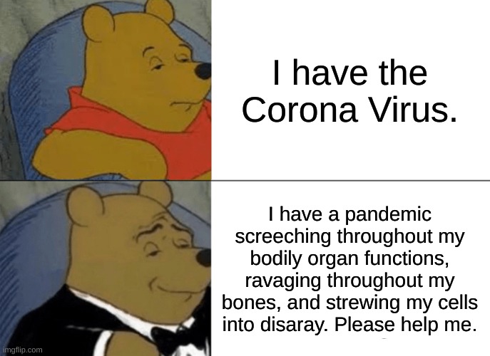 Tuxedo Winnie The Pooh | I have the Corona Virus. I have a pandemic screeching throughout my bodily organ functions, ravaging throughout my bones, and strewing my cells into disaray. Please help me. | image tagged in memes,tuxedo winnie the pooh | made w/ Imgflip meme maker