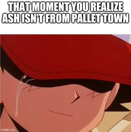 Ash Ketchum Crying | THAT MOMENT YOU REALIZE ASH ISN'T FROM PALLET TOWN | image tagged in ash ketchum crying | made w/ Imgflip meme maker
