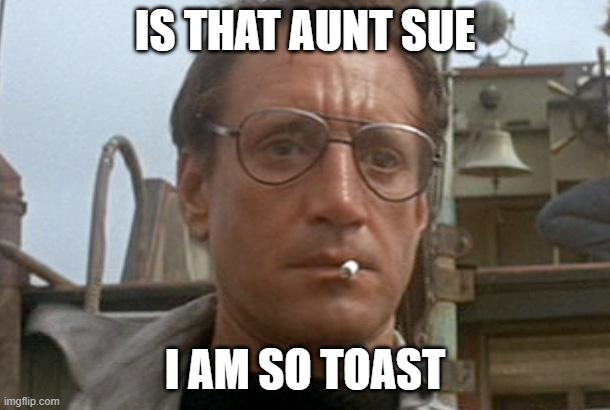 HEEEEE | IS THAT AUNT SUE; I AM SO TOAST | image tagged in jaws | made w/ Imgflip meme maker