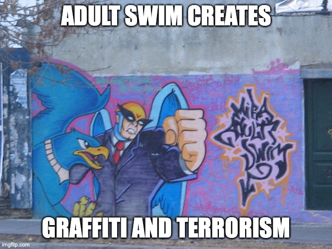 Adult Swim Grafitti | ADULT SWIM CREATES; GRAFFITI AND TERRORISM | image tagged in grafitti,adult swim,memes | made w/ Imgflip meme maker