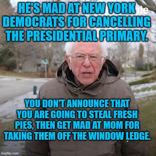 Caught In The Act! | HE'S MAD AT NEW YORK DEMOCRATS FOR CANCELLING THE PRESIDENTIAL PRIMARY. YOU DON'T ANNOUNCE THAT YOU ARE GOING TO STEAL FRESH PIES, THEN GET MAD AT MOM FOR TAKING THEM OFF THE WINDOW LEDGE. | image tagged in bernie sanders no-text | made w/ Imgflip meme maker