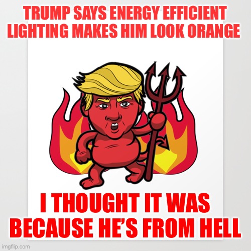 Our Orange Republic | TRUMP SAYS ENERGY EFFICIENT LIGHTING MAKES HIM LOOK ORANGE; I THOUGHT IT WAS BECAUSE HE’S FROM HELL | image tagged in donald trump,joe biden,politics,funny memes | made w/ Imgflip meme maker