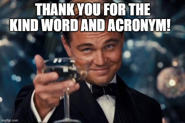Leonardo Dicaprio Cheers Meme | THANK YOU FOR THE KIND WORD AND ACRONYM! | image tagged in memes,leonardo dicaprio cheers | made w/ Imgflip meme maker