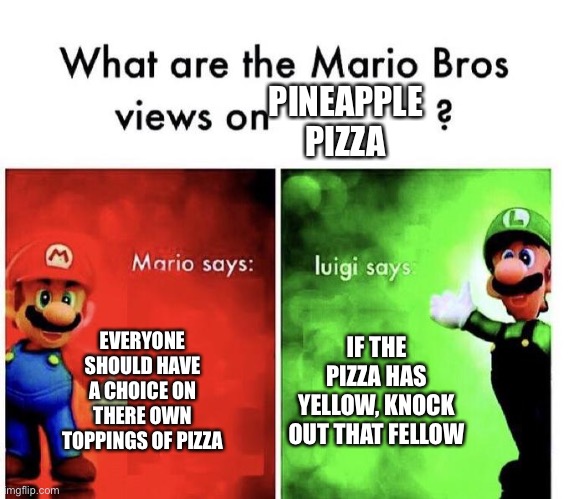 Mario Bros Views | PINEAPPLE PIZZA; EVERYONE SHOULD HAVE A CHOICE ON THERE OWN TOPPINGS OF PIZZA; IF THE PIZZA HAS YELLOW, KNOCK OUT THAT FELLOW | image tagged in mario bros views | made w/ Imgflip meme maker