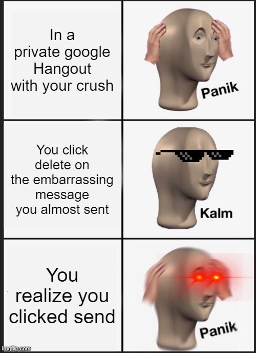 Stupidity | In a private google Hangout with your crush; You click delete on the embarrassing message you almost sent; You realize you clicked send | image tagged in memes,panik kalm panik | made w/ Imgflip meme maker