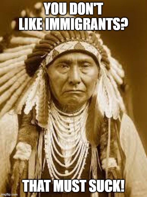 Native American | YOU DON'T LIKE IMMIGRANTS? THAT MUST SUCK! | image tagged in native american | made w/ Imgflip meme maker