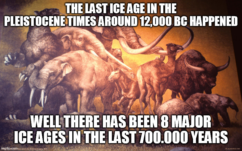 Ice Age | THE LAST ICE AGE IN THE PLEISTOCENE TIMES AROUND 12,000 BC HAPPENED; WELL THERE HAS BEEN 8 MAJOR ICE AGES IN THE LAST 700.000 YEARS | image tagged in plain white | made w/ Imgflip meme maker