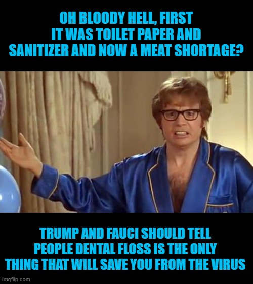 Honestly, Would They Even Miss Dental Floss? | OH BLOODY HELL, FIRST IT WAS TOILET PAPER AND SANITIZER AND NOW A MEAT SHORTAGE? TRUMP AND FAUCI SHOULD TELL PEOPLE DENTAL FLOSS IS THE ONLY THING THAT WILL SAVE YOU FROM THE VIRUS | image tagged in memes,austin powers honestly,floss,coronavirus | made w/ Imgflip meme maker