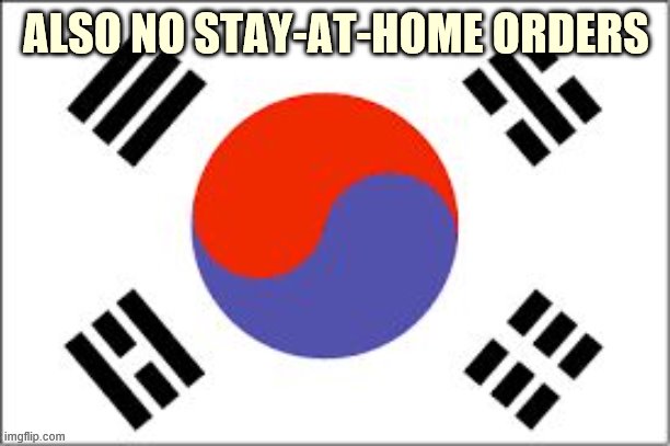 Some countries successfully contained Covid-19 without lockdown orders. How did they do it? Early action that we didn't take. | ALSO NO STAY-AT-HOME ORDERS | image tagged in south korean flag,covid-19,coronavirus,south korea,pandemic,stay home | made w/ Imgflip meme maker
