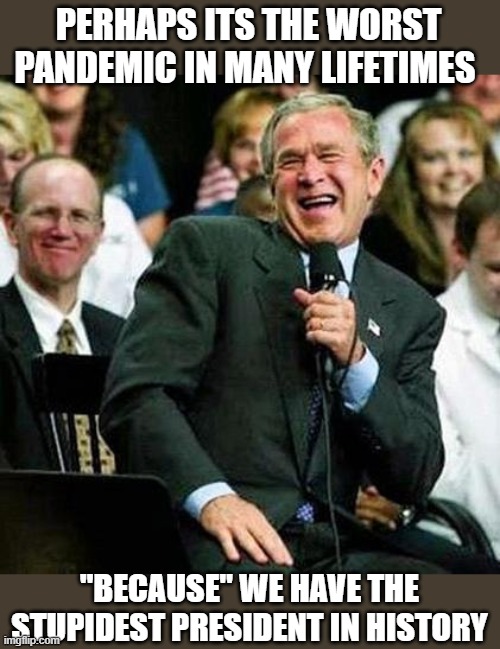 Bush thinks its funny | PERHAPS ITS THE WORST PANDEMIC IN MANY LIFETIMES "BECAUSE" WE HAVE THE STUPIDEST PRESIDENT IN HISTORY | image tagged in bush thinks its funny | made w/ Imgflip meme maker