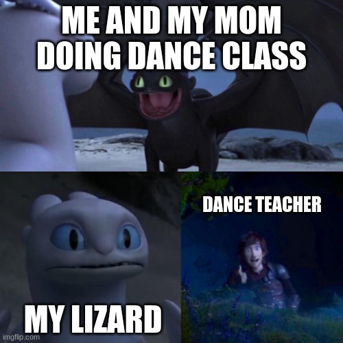 HTTYD Thumbs up | ME AND MY MOM DOING DANCE CLASS; DANCE TEACHER; MY LIZARD | image tagged in httyd thumbs up | made w/ Imgflip meme maker