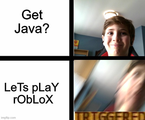 lol | Get
Java? LeTs pLaY 
rObLoX | image tagged in triggered template | made w/ Imgflip meme maker