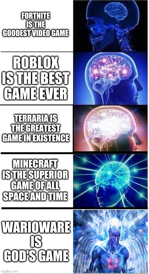 SuperLunala's and Aarocket's Version Of Game Brain | FORTNITE IS THE GOODEST VIDEO GAME; ROBLOX IS THE BEST GAME EVER; TERRARIA IS THE GREATEST GAME IN EXISTENCE; MINECRAFT IS THE SUPERIOR GAME OF ALL SPACE AND TIME; WARIOWARE IS GOD'S GAME | image tagged in expanding brain 5-part | made w/ Imgflip meme maker