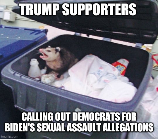 Trump's rape supporters | TRUMP SUPPORTERS; CALLING OUT DEMOCRATS FOR BIDEN'S SEXUAL ASSAULT ALLEGATIONS | image tagged in trash possum,trump,biden,rape,hypocrisy | made w/ Imgflip meme maker