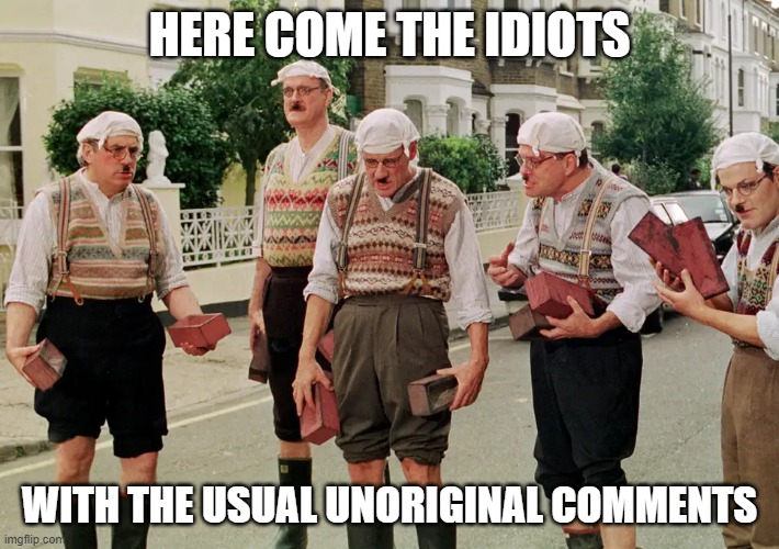 here come the idiots | HERE COME THE IDIOTS; WITH THE USUAL UNORIGINAL COMMENTS | image tagged in idiots,unoriginal | made w/ Imgflip meme maker