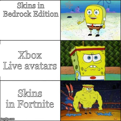 Spongebob strong | Skins in Bedrock Edition; Xbox Live avatars; Skins in Fortnite | image tagged in spongebob strong | made w/ Imgflip meme maker