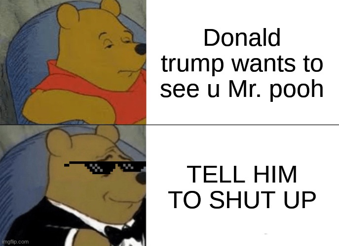 Tuxedo Winnie The Pooh | Donald trump wants to see u Mr. pooh; TELL HIM TO SHUT UP | image tagged in memes,tuxedo winnie the pooh | made w/ Imgflip meme maker