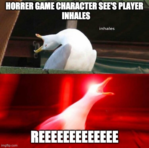 Inhaling Seagull  | HORRER GAME CHARACTER SEE'S PLAYER
  INHALES; REEEEEEEEEEEEE | image tagged in inhaling seagull | made w/ Imgflip meme maker