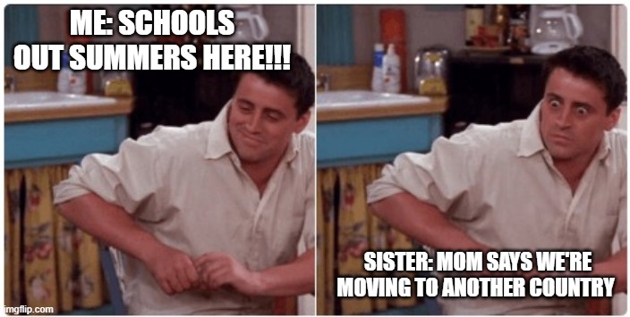Joey from Friends | ME: SCHOOLS OUT SUMMERS HERE!!! SISTER: MOM SAYS WE'RE MOVING TO ANOTHER COUNTRY | image tagged in joey from friends | made w/ Imgflip meme maker