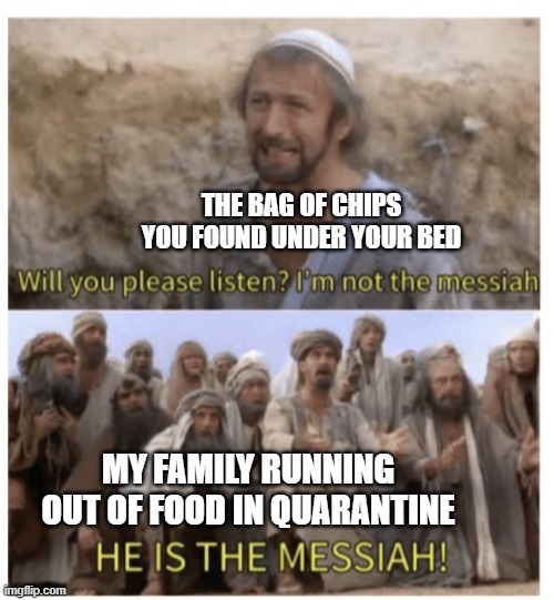 HE IS THE MESSIAH | THE BAG OF CHIPS YOU FOUND UNDER YOUR BED; MY FAMILY RUNNING OUT OF FOOD IN QUARANTINE | image tagged in he is the messiah | made w/ Imgflip meme maker