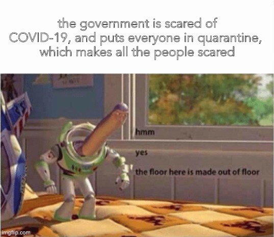 Reality of Now | the government is scared of COVID-19, and puts everyone in quarantine, 
which makes all the people scared | image tagged in hmm yes the floor here is made out of floor | made w/ Imgflip meme maker