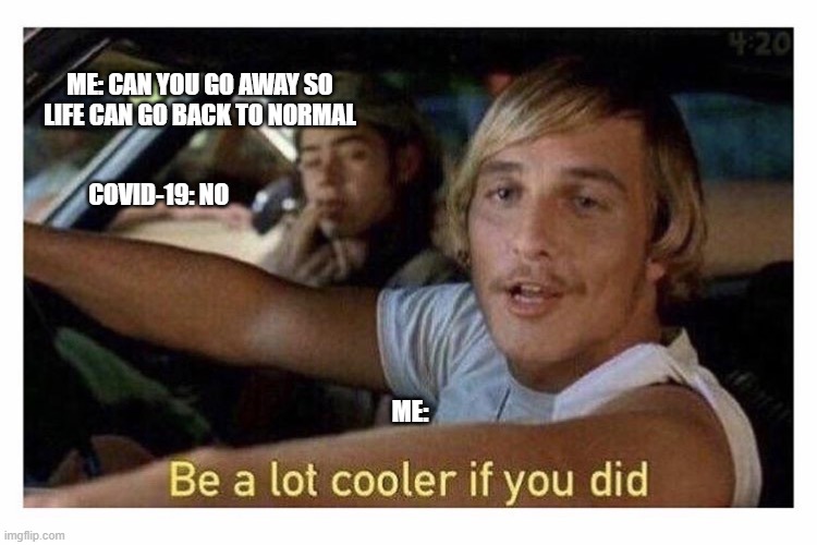 Critical reading meme | ME: CAN YOU GO AWAY SO LIFE CAN GO BACK TO NORMAL; COVID-19: NO; ME: | image tagged in be a lot cooler if you did | made w/ Imgflip meme maker