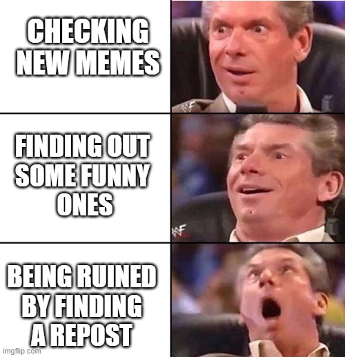 wwe | CHECKING NEW MEMES; FINDING OUT 
SOME FUNNY 
ONES; BEING RUINED
 BY FINDING 
A REPOST | image tagged in wwe | made w/ Imgflip meme maker