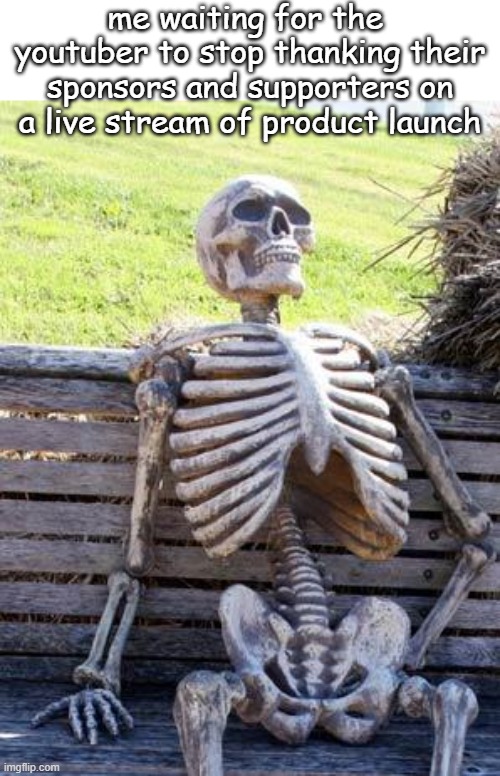 This Meme is sponsored by Raid: Shadow Legends | me waiting for the  youtuber to stop thanking their sponsors and supporters on a live stream of product launch | image tagged in memes,waiting skeleton,youtuber,youtube | made w/ Imgflip meme maker