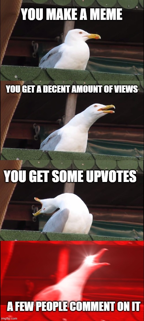 Inhaling Seagull | YOU MAKE A MEME; YOU GET A DECENT AMOUNT OF VIEWS; YOU GET SOME UPVOTES; A FEW PEOPLE COMMENT ON IT | image tagged in memes,inhaling seagull | made w/ Imgflip meme maker