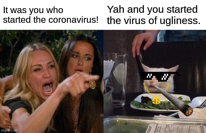 Woman Yelling At Cat Meme |  It was you who started the coronavirus! Yah and you started the virus of ugliness. | image tagged in memes,woman yelling at cat | made w/ Imgflip meme maker