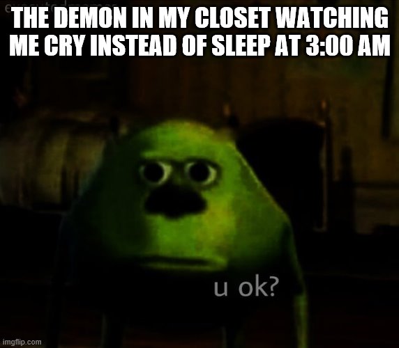 Creepy Mike Sulley Face "u ok?" | THE DEMON IN MY CLOSET WATCHING ME CRY INSTEAD OF SLEEP AT 3:00 AM | image tagged in creepy mike sulley face u ok | made w/ Imgflip meme maker