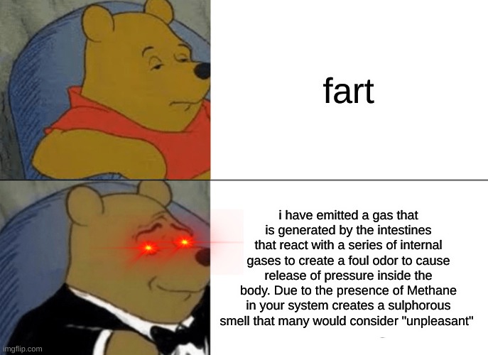 I put too much time into writing this out. | fart; i have emitted a gas that is generated by the intestines that react with a series of internal gases to create a foul odor to cause release of pressure inside the body. Due to the presence of Methane in your system creates a sulphorous smell that many would consider "unpleasant" | image tagged in memes,tuxedo winnie the pooh | made w/ Imgflip meme maker