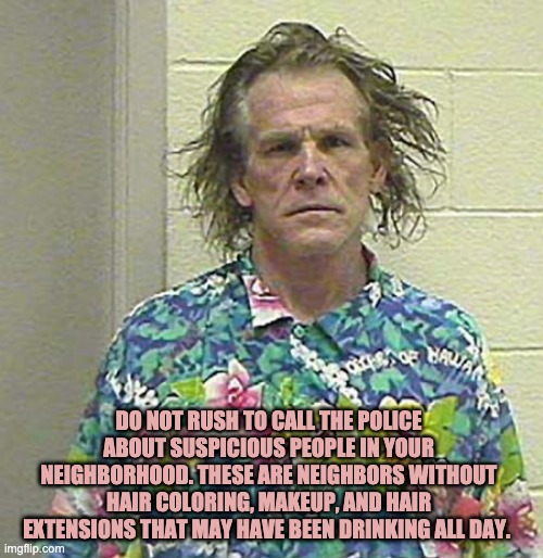 Nick Nolte | DO NOT RUSH TO CALL THE POLICE ABOUT SUSPICIOUS PEOPLE IN YOUR NEIGHBORHOOD. THESE ARE NEIGHBORS WITHOUT HAIR COLORING, MAKEUP, AND HAIR EXTENSIONS THAT MAY HAVE BEEN DRINKING ALL DAY. | image tagged in nick nolte,shelter in place | made w/ Imgflip meme maker