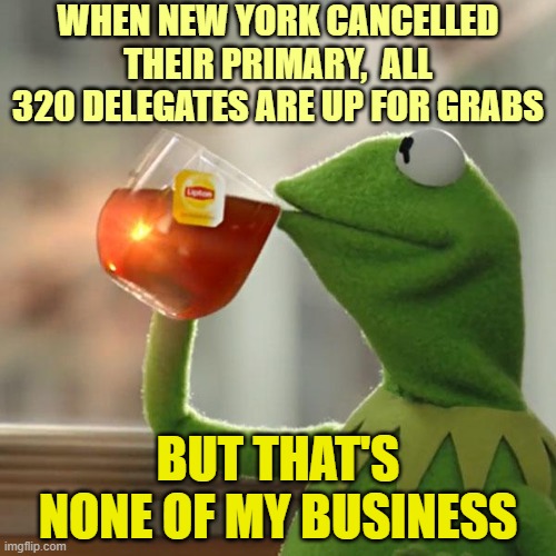 But That's None Of My Business | WHEN NEW YORK CANCELLED THEIR PRIMARY,  ALL 320 DELEGATES ARE UP FOR GRABS; BUT THAT'S NONE OF MY BUSINESS | image tagged in memes,but that's none of my business,kermit the frog | made w/ Imgflip meme maker
