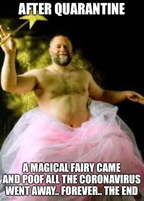 fairy man | AFTER QUARANTINE; A MAGICAL FAIRY CAME AND POOF ALL THE CORONAVIRUS WENT AWAY.. FOREVER.. THE END | image tagged in fairy man | made w/ Imgflip meme maker