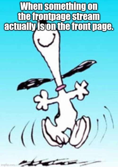 Snoopy dance | When something on the frontpage stream actually is on the front page. | image tagged in snoopy dance | made w/ Imgflip meme maker