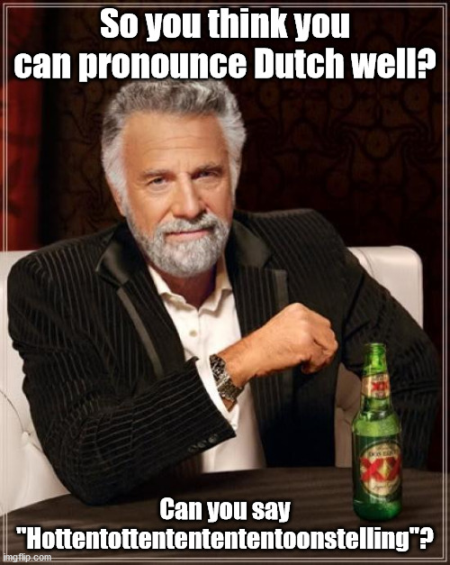 The Most Interesting Man In The World | So you think you can pronounce Dutch well? Can you say "Hottentottententententoonstelling"? | image tagged in memes,the most interesting man in the world | made w/ Imgflip meme maker