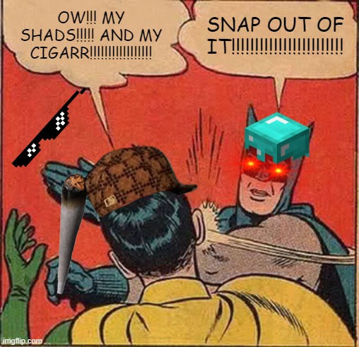 YEET | OW!!! MY SHADS!!!!! AND MY CIGARR!!!!!!!!!!!!!!!!! SNAP OUT OF IT!!!!!!!!!!!!!!!!!!!!!!!! | image tagged in memes,batman slapping robin | made w/ Imgflip meme maker